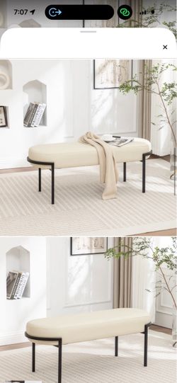 Cream Upholstered Bench with Metal Legs