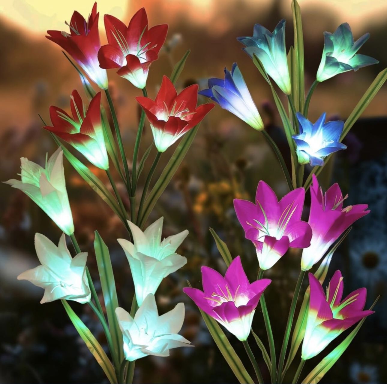 4 Pack Solar Flower Lights Outdoor, Waterproof Garden LED Lights with 16 Larger and More Realistic Lily Lights, Bigger Solar Panel, Auto On/Off Solar