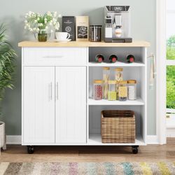 Kitchen. Island White And Natural Brown Top In Box , Rolling Cart , Coffee Bar 