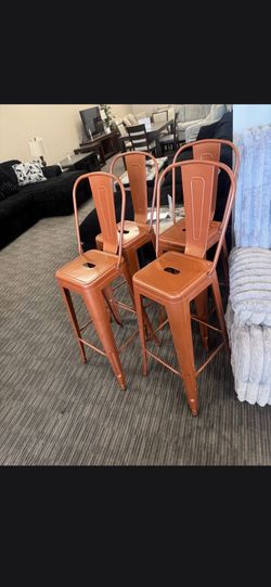 Set of 4 Orange Metal Bar Stools