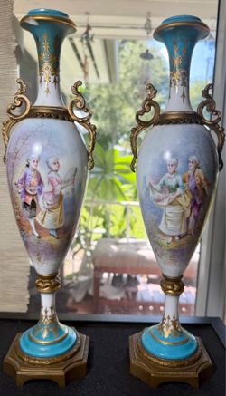 18 inch Stunning pair of antique French Sèvres-style porcelain vases features intricate hand-painted gallant scenes and elaborate gilt bronze mounts