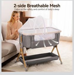 Larex Baby Bassinet Bedside Sleeper Crib Co Sleeper for Newborn Infant Toddler with Mosquito Net, Storage Bag & Basket, 5-Height Adjustable, Movable W