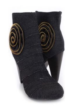 Black denim fabric zipper floral ankle