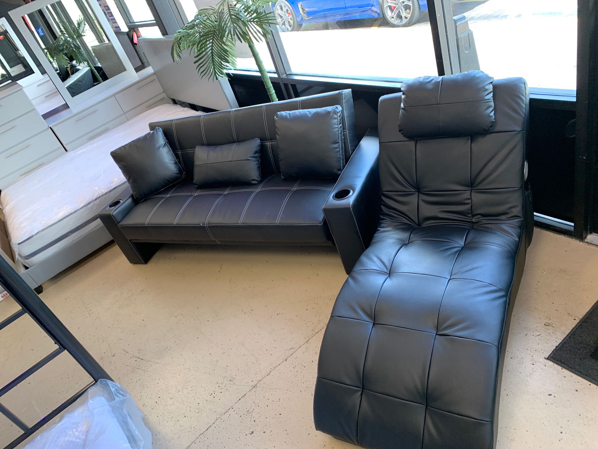 Black leather futon and chaise!!