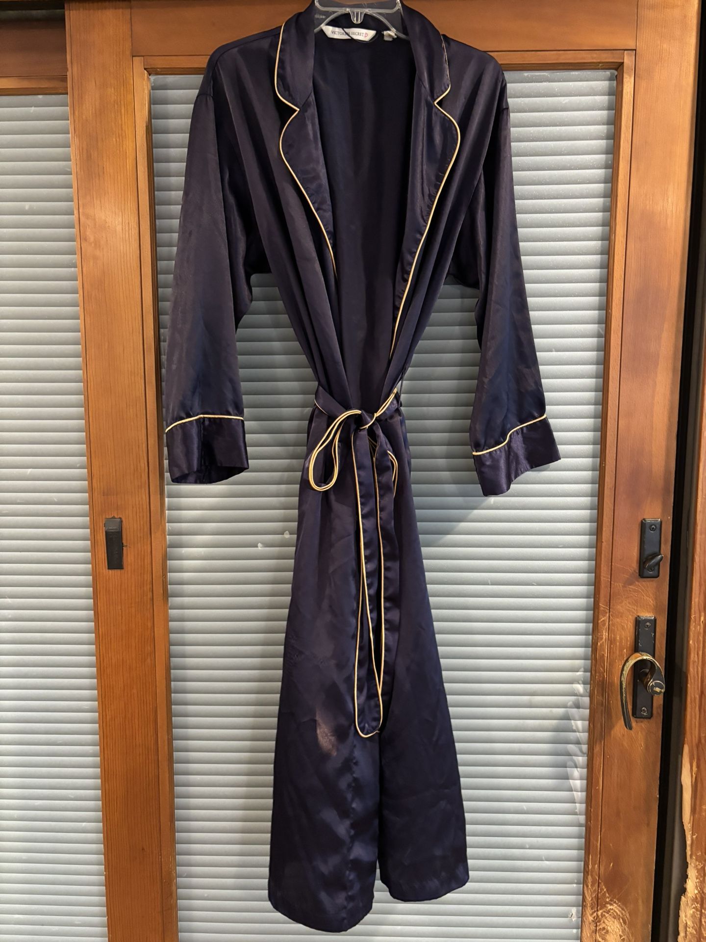 Victoria's Secret long satin robe in navy blue with gold piping. Size M Medium