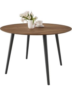 43.3 Inch Round Dining Table for 4, Small Kitchen Walnut Table Durable MDF Table Top, Steel Legs with Adjustable Pads, Space-Saving for Kitchen, Dinin