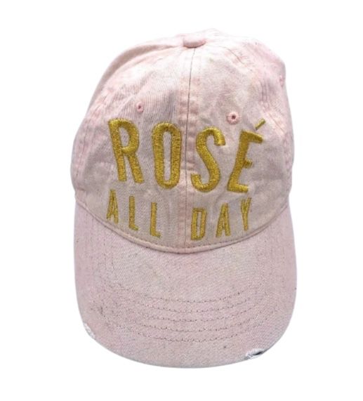 Distressed Hat - Pink Gold Embroidered Rosé All Day Pink Hat