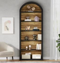 J0430 6-Tier Black Arched Bookshelf, 77.16" Tall Arched Bookcase with Storage Shelves, Floor Standing Open Display Shelving Unit