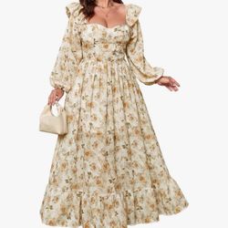EYWOL Floral Puff Long Sleeve Maxi Dress Sweetheart Corset Boho Chiffon Size XL