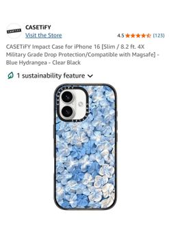 CASETiFY Impact Case for iPhone 16 [Slim / 8.2 ft. 4X Military Grade Drop Protection/Compatible with Magsafe] - Blue Hydrangea - Clear Black  https://