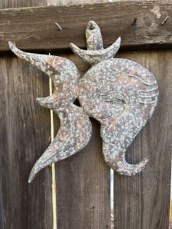 Vintage Aged Weathered Finish Copper Metal Elephant Ganesh Outdoor Decor, Outdoor Wall Fence Decor Peaceful Garden Ganesha Elephant Metal Yard Art