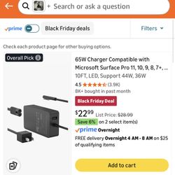 65W Charger Compatible with Microsoft Surface Pro 11, 10, 9, 8, 7+ 10FT, LED, Support 44W, 36W