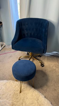 Royal Blue Velvet Office Chair + Matching Stool