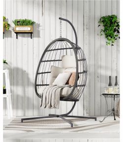 Egg Swing Chair with Stand, Outdoor Hanging Egg Chair with Cushion for Patio/Porch/Balcony/Indoor (Light Gray)
