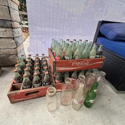 Very Old Original Coke Bottles An Wooden Crate 