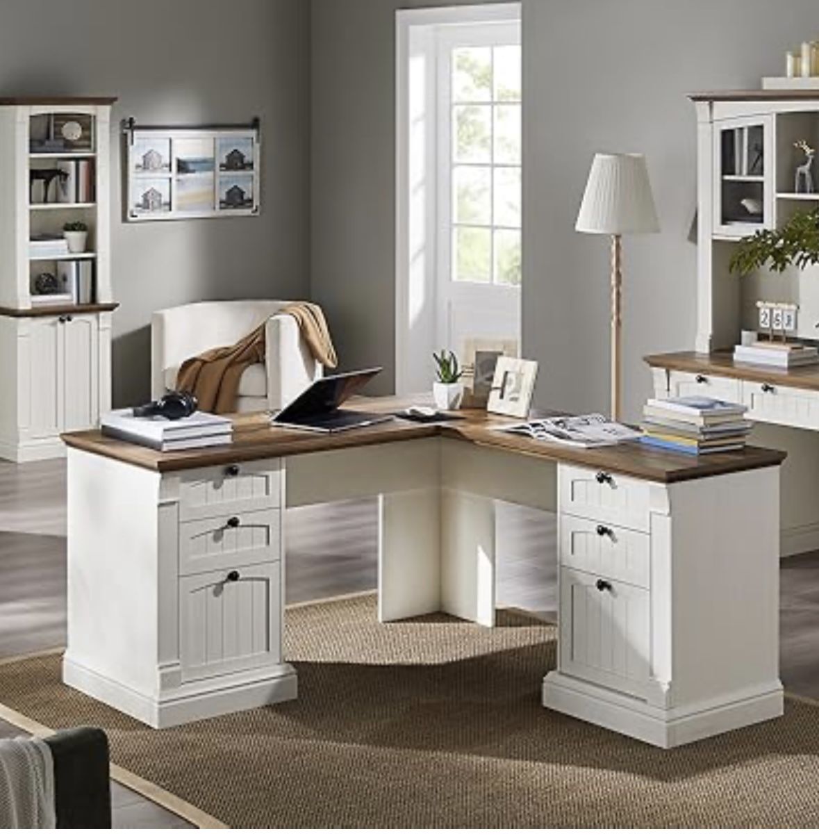 L-Shaped Desk Rustic Oak With Antique White