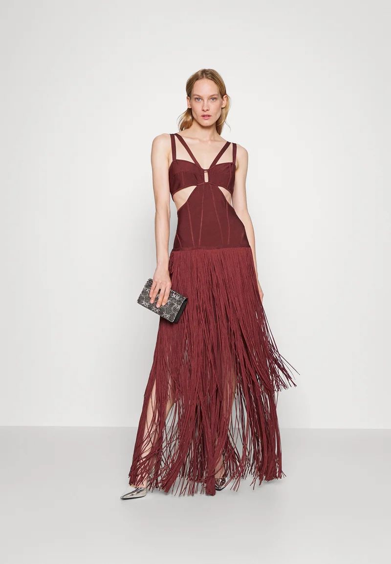 HERVÉ LÉGER STRAPPY FRINGE GOWN WITH CUT OUT MAHOGANY