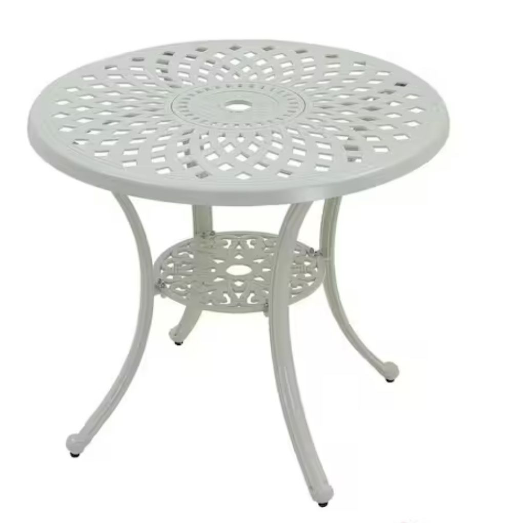 31 in. Round White Cast Aluminum Standard Height Outdoor Yard Bistro Table with Umbrella Hole