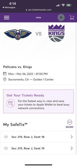 Sacramento Kings Vs pelicans Tickets Upper Level $20