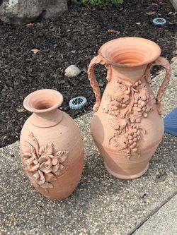 Terracotta Vases with Relief Detailing – Set of 2