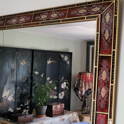 BEAUTIFUL VINTAGE Neoclassical HAND PAINTED GLASS MIRROR FRAMED BEVELED  Bold vibrant Reds And Golds 