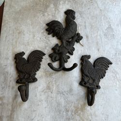 Vintage Cast Iron Rooster Chicken Double Wall Hooks 
