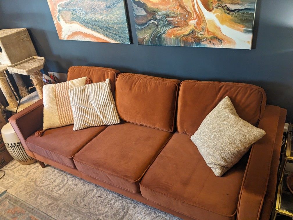 Lovely Rust Velvet Sofa - Nearly New