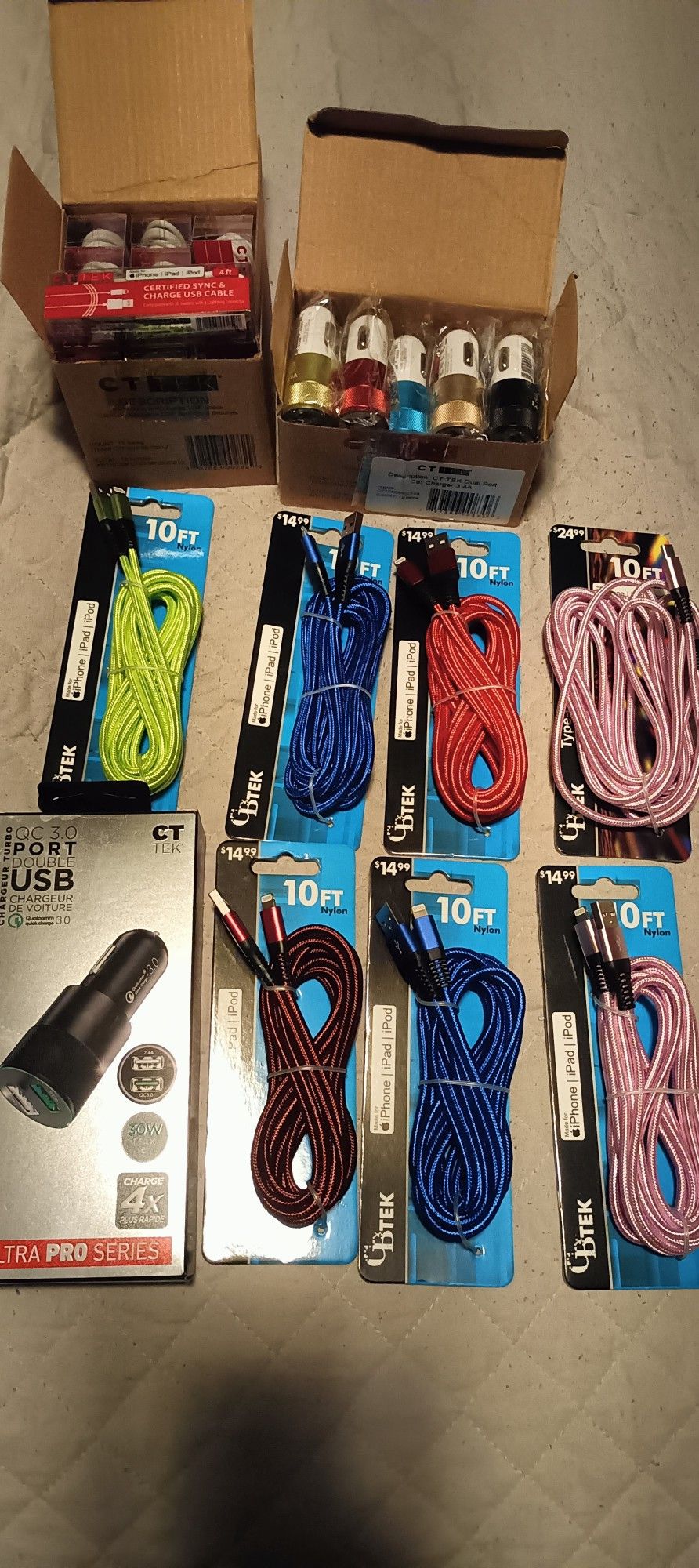 10 ft USB cords for iPhone & USB Car ports for charging