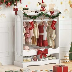 l Kids Dress Up Storage with Mirror, Wood Armoire Wardrobe Closet for Bedroom,White