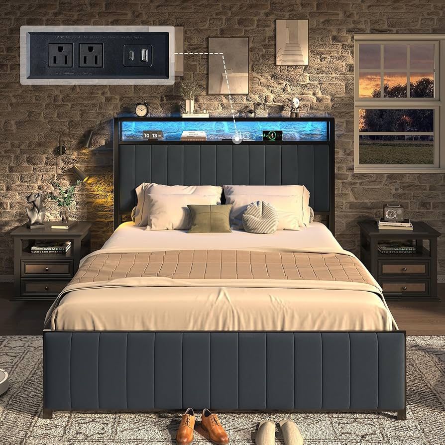 AMERLIFE Full Padded Bed Frame with Foldable Ottoman, Velvet Upholstered Headboard with LED Lights, Charging Station and Storage Shelves, No Box Sprin