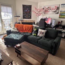 Green Velvet Couch with Movable Storage Ottoman