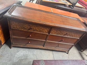Wood and Rattan 6-Drawer Dresser