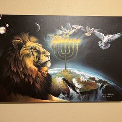 Beautiful Lion With Menora And Doves Painting Wall Art