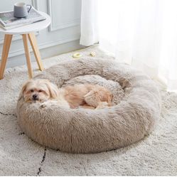 Donut Pet Bed Round Cushion Marshmellow Faux Fur Cuddler, Calming Fluffy Comfy Bed