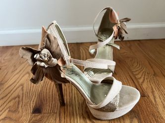 Ferrgie tan Suede With Snake Heel And Floral Embellished