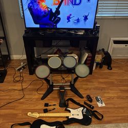 Rock band Set for PS5, PS4 & PS3 w/ 2 guitars, Drums, Microphone, 2 Dongles, Tested Restored