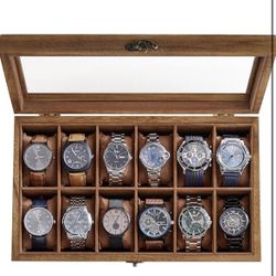 Watch Box, 12-Slot Solid Wood Watch Case Organizer with Glass Lid, Display Case with Removable Pillows, Gift for Loved Ones, Rustic Walnut UJOW120K01