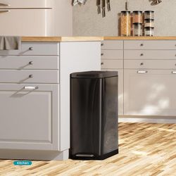 12 Gallon Slim Kitchen Trash Can with Soft Close Lid, Step Pedal, Bag Tuck Band, and Removable Liner, Stainless Steel, Black 45l