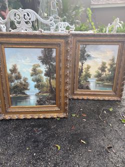 Vintage Matched Pair Oil Paintings, Hand-Carved Taiwanese Frames