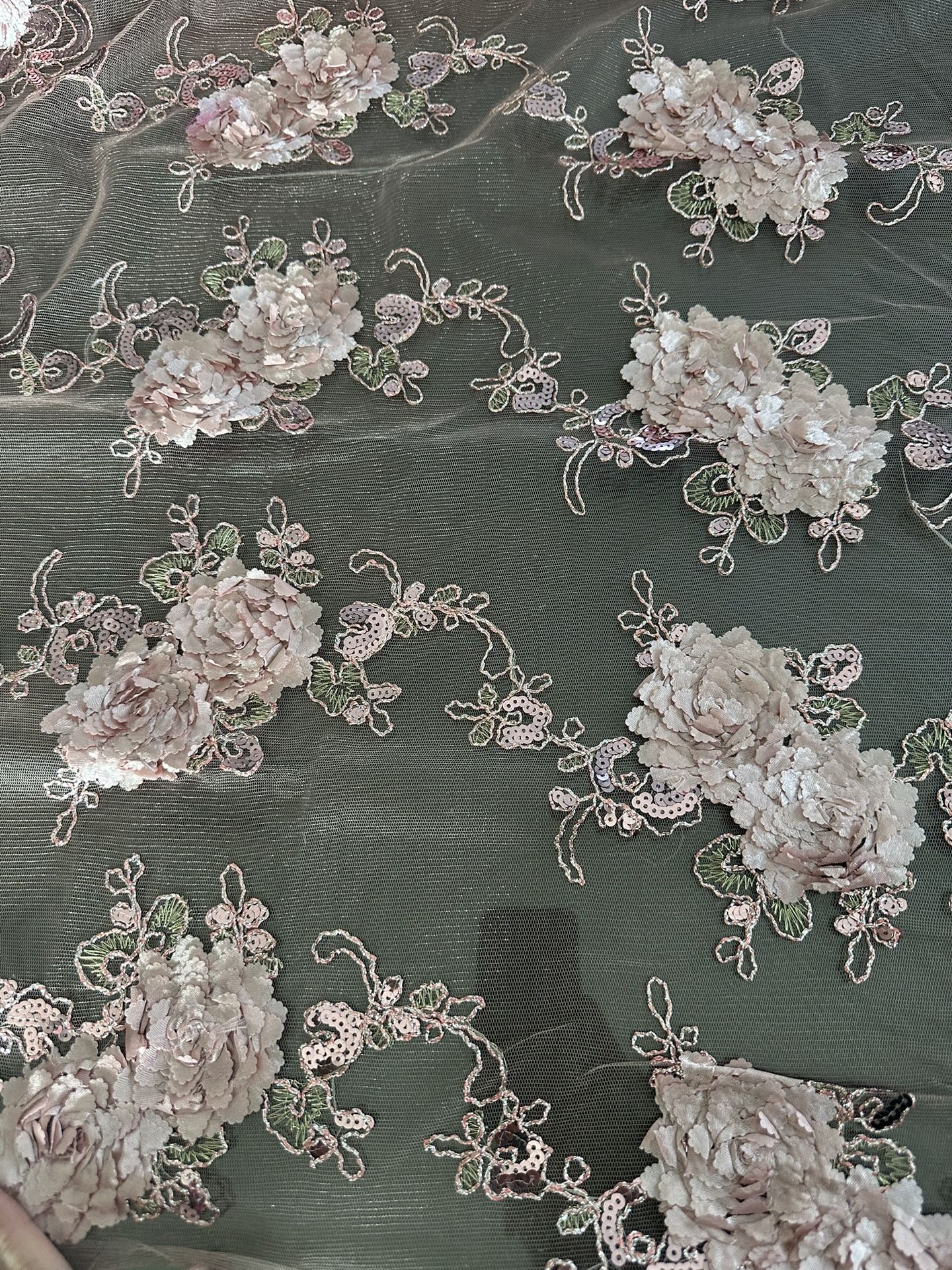 Dusty Rose  / 3D Floral Embroidery with Gold Foil & Sequins on Mesh Lace. 