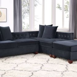 Brand New Black Velvet Sectional Sofa w Ottoman 