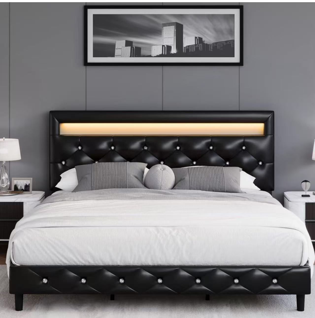 Queen Bed Frame with LED Lights, Faux Leather Low Profile Platform Bed Frame
