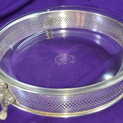 Vintage Pyrex Clear Glass Pie Plate and Silver-Plate Footed Two Handled Carrier/Holder With 10 Inch 210 Clear Glass Pie Plate. APP5