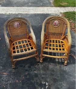 Vintage Boho Style Wicker Rattan Armchairs With Floral Upholstered