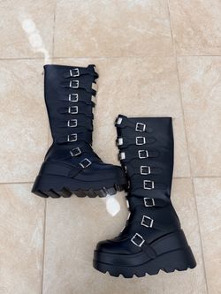 Black Platform Knee-High Buckle Boots