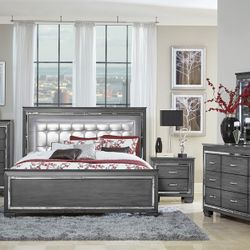 Brand New Gray LED Full Size Bedframe + Dresser + Mirror + Mirror 4PCs Bedroom Set