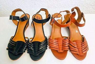 New Black & Brown Susina Women’s Strappy Wedge Sandals Leather Ankle Strap Buckle US 6