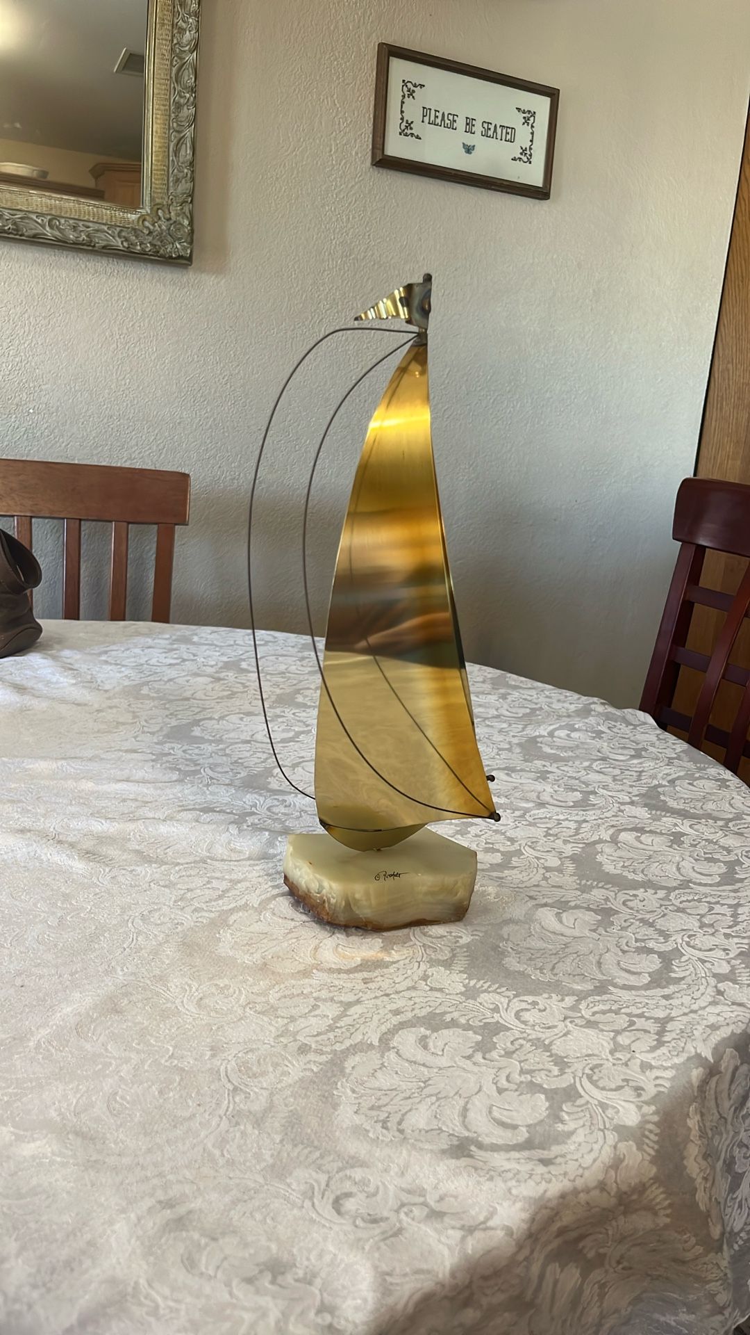 Signed Metal Sailboat on Marble 15”