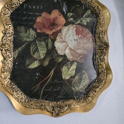 Beautiful Large Gold Tray With FlorL Decoupage Comes All Ready To Hang On Your Wall