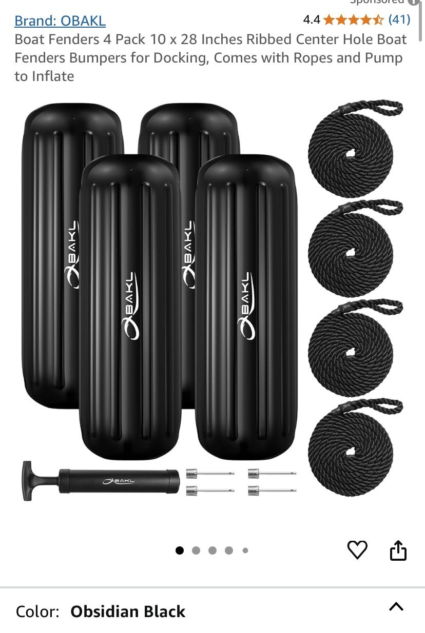 Boat Fenders 4 Pack 10 x 28 Inches Ribbed Center Hole Boat Fenders Bumpers for Docking, Comes with Ropes and Pump to Inflate